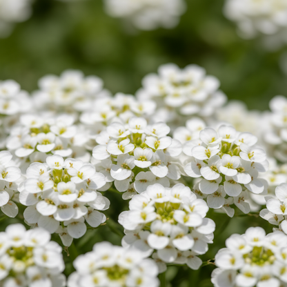 Dense clusters of tiny pure white Candytuft flowers close-up with soft green bokeh background