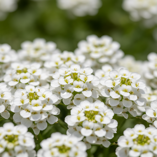 Dense clusters of tiny pure white Candytuft flowers close-up with soft green bokeh background