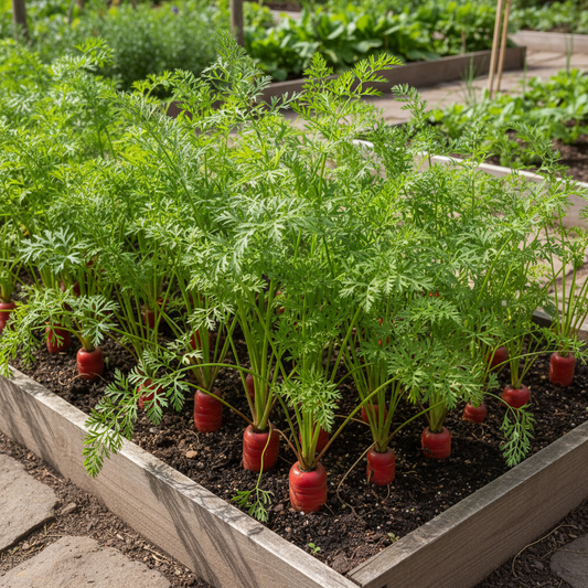 Bright red desi carrot roots partially visible at soil level with lush green feathery tops in a garden bed