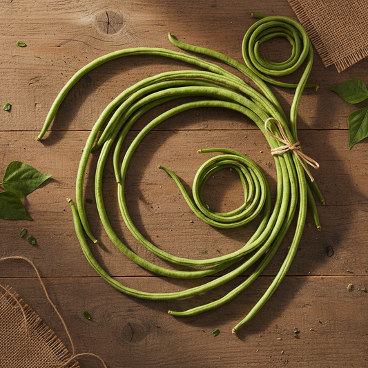 Freshly harvested yard long beans lobia bundled on a rustic wooden surface