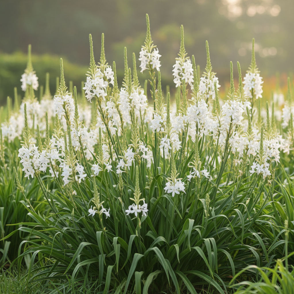 Tuberose Rajnigandha plants in full bloom with tall white fragrant flower spikes in a garden