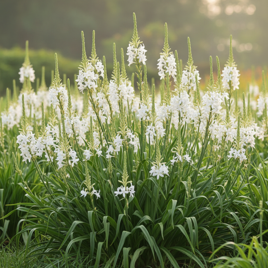Tuberose Rajnigandha plants in full bloom with tall white fragrant flower spikes in a garden