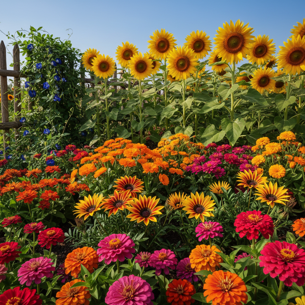 Flower seeds combo garden scene with Sunflower, Calendula, Gazania, Aparajita and Zinnia in full bloom