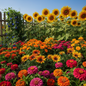 Flower seeds combo garden scene with Sunflower, Calendula, Gazania, Aparajita and Zinnia in full bloom