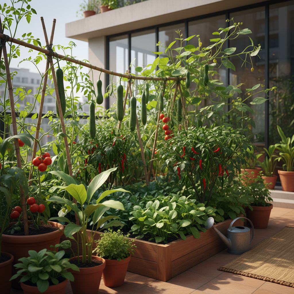 Lush home terrace garden with a variety of fresh Indian vegetables growing in pots and raised beds