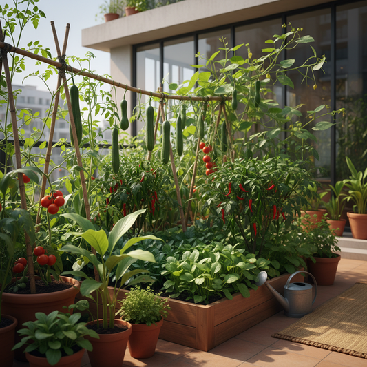 Lush home terrace garden with a variety of fresh Indian vegetables growing in pots and raised beds