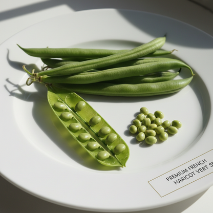 Fresh French green bean pods and seeds on a clean white surface