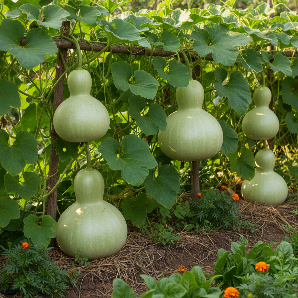 Large pale green ash gourd petha fruits growing on vine with broad green leaves in a garden
