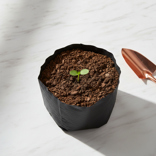 Black poly grow bag filled with soil and green seedling lifestyle shot