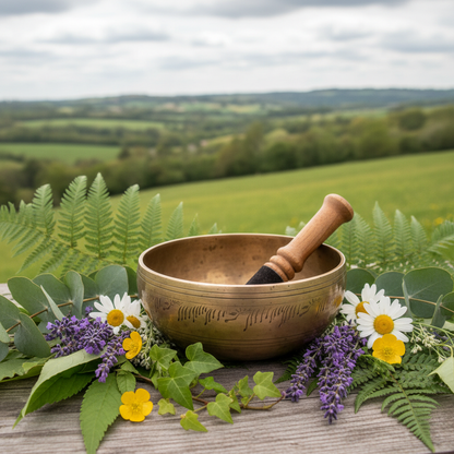 6 inch brass singing bowl surrounded by green leaves and wildflowers in hill setting