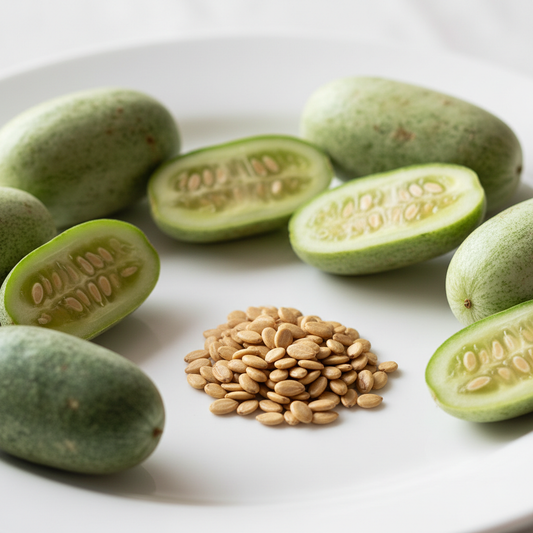 Fresh desi kachri fruits and seeds on a clean white surface, some cut open showing seeds inside