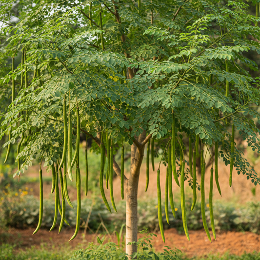 Moringa drumstick tree with long green pods hanging from branches with feathery green leaves