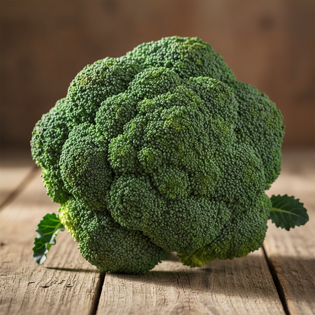Large dense green broccoli head with tight florets on rustic wooden surface, fresh and vibrant