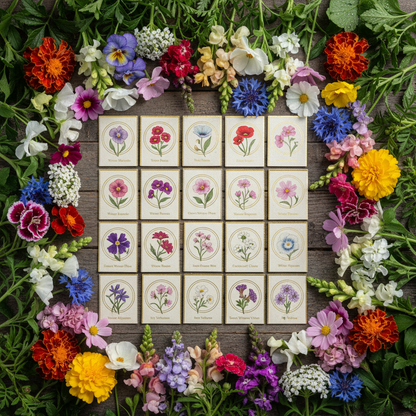 Winter Flower Seeds Combo 20 Different Types Flat Lay with Seed Packets