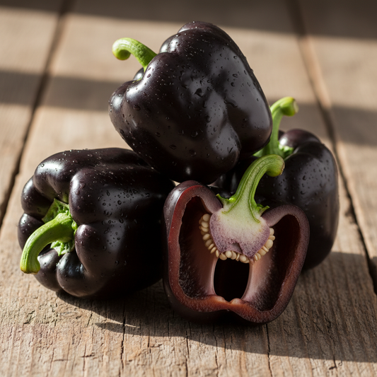 Deep purple almost black glossy bell peppers on wooden surface, fresh and vibrant