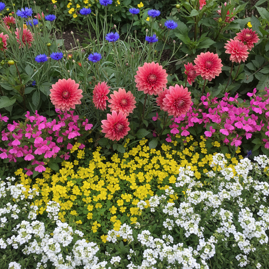 Winter Flower Combo Pack Garden Scene - Dahlia, Bur Clover, Balsam, Candytuft and Corn Flower