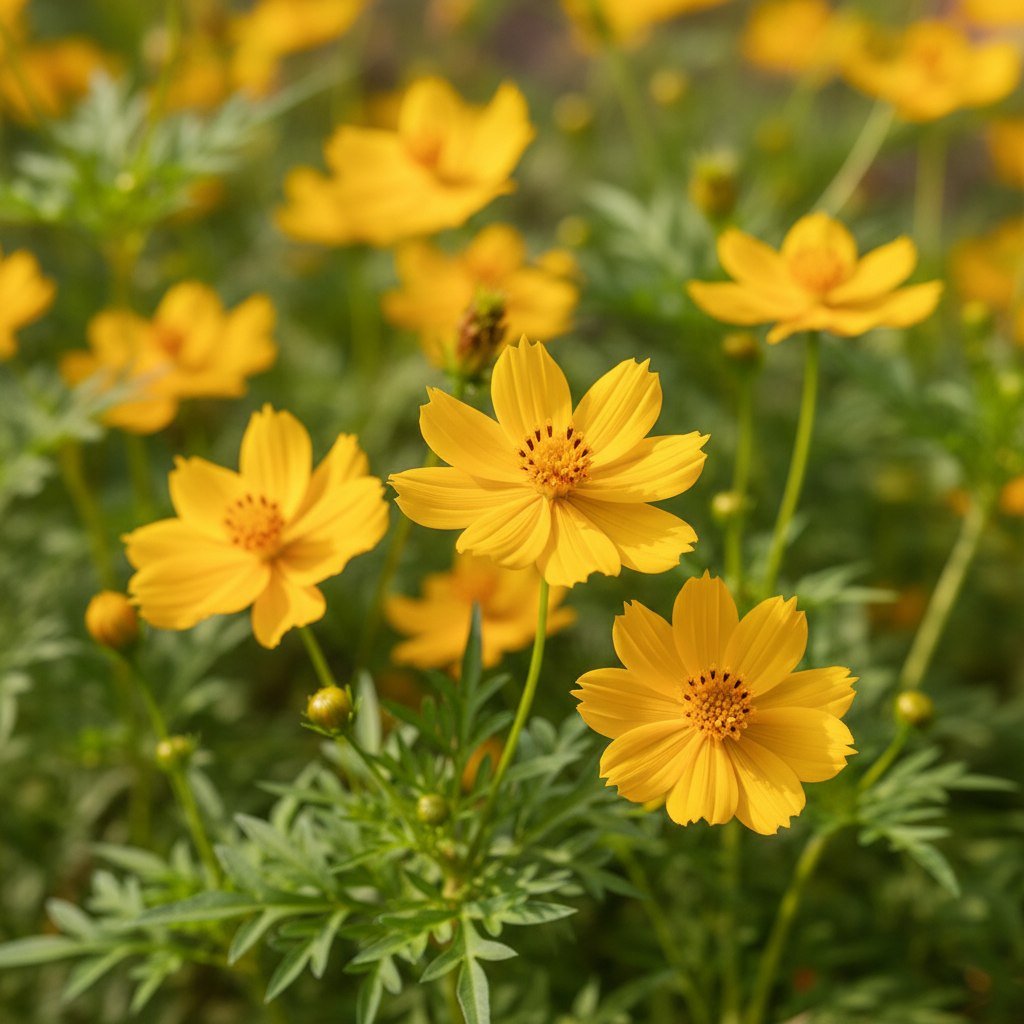 Cosmos yellow flowers in full bloom with bright sunshine yellow daisy-like petals in a sunny garden