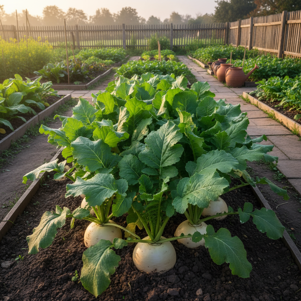 Desi shalgam turnip growing in winter garden bed with round roots visible above dark soil and green leafy tops