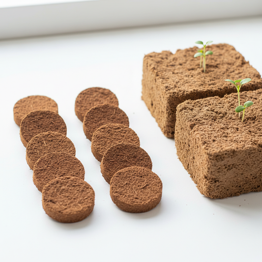 Ten cocopeat agropeat coins arranged neatly with expanded fluffy blocks and tiny green seedlings sprouting