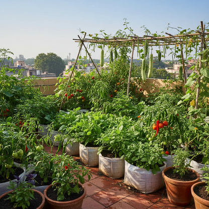 Thriving Indian home kitchen garden with diverse vegetables in terracotta pots on a sunny terrace