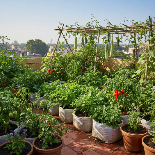 Thriving Indian home kitchen garden with diverse vegetables in terracotta pots on a sunny terrace