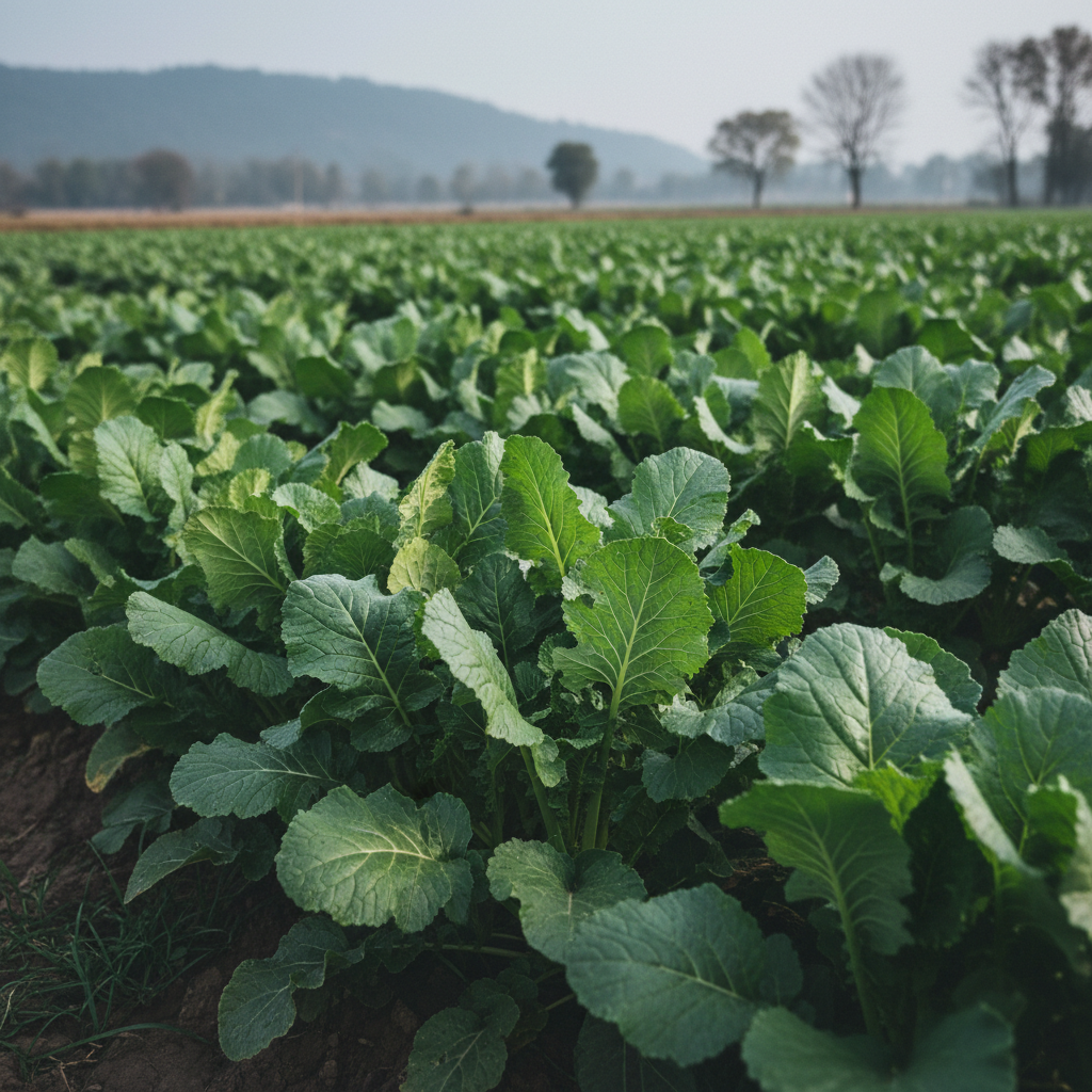 Fresh mustard sarson saag plant with lush dark green leaves growing in a natural winter garden setting