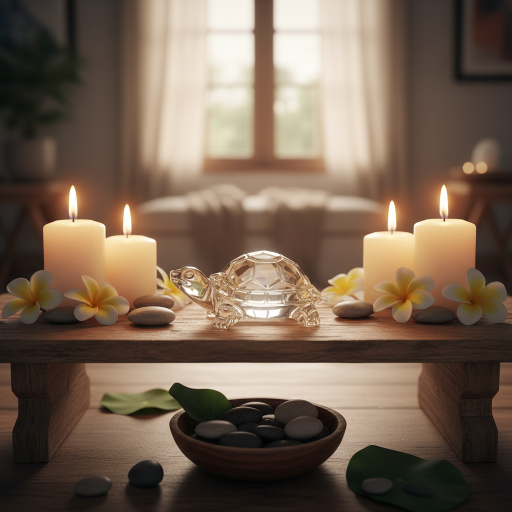 Transparent crystal tortoise lifestyle shot on meditation shelf with candles and flowers