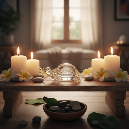 Transparent crystal tortoise lifestyle shot on meditation shelf with candles and flowers