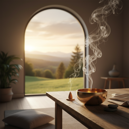 Brass meditation singing bowl near window with green hill view and incense smoke