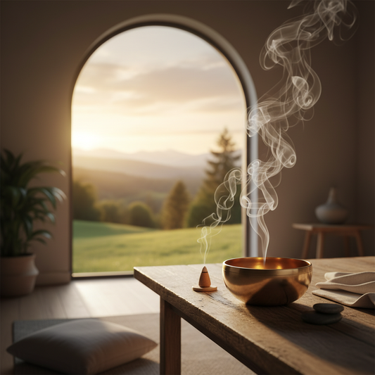 Brass meditation singing bowl near window with green hill view and incense smoke