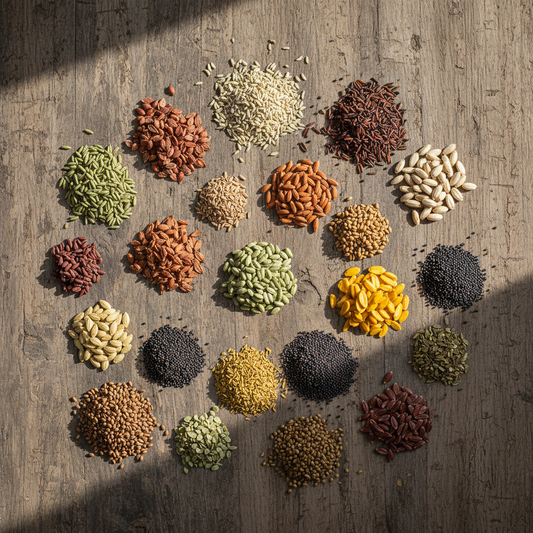 Diverse collection of Indian vegetable seeds in multiple piles arranged on rustic wooden surface showing variety of shapes sizes and colors