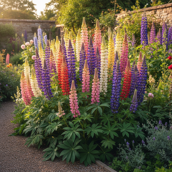 Lupins Mixed Color Plant with Tall Dramatic Bloom Spires in Cottage Garden