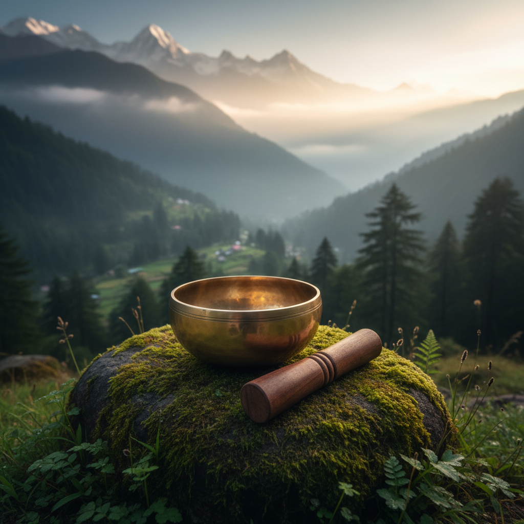 6 inch pure brass singing bowl with wooden stick on mossy rock with misty green hill backdrop