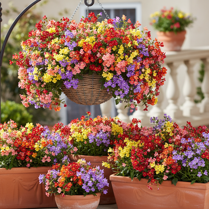 Nemesia flowers growing in hanging baskets and containers on a sunny balcony in mixed colors