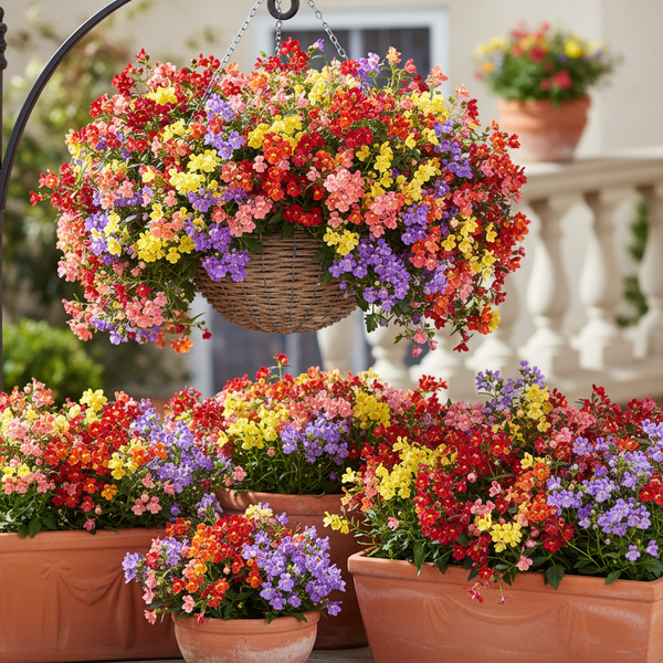 Nemesia flowers growing in hanging baskets and containers on a sunny balcony in mixed colors