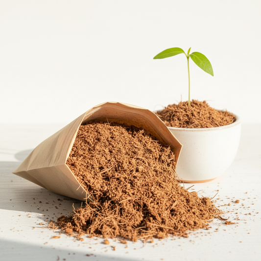 Natural loose cocopeat coconut fibre in a kraft pouch with a small green seedling growing in a pot beside it