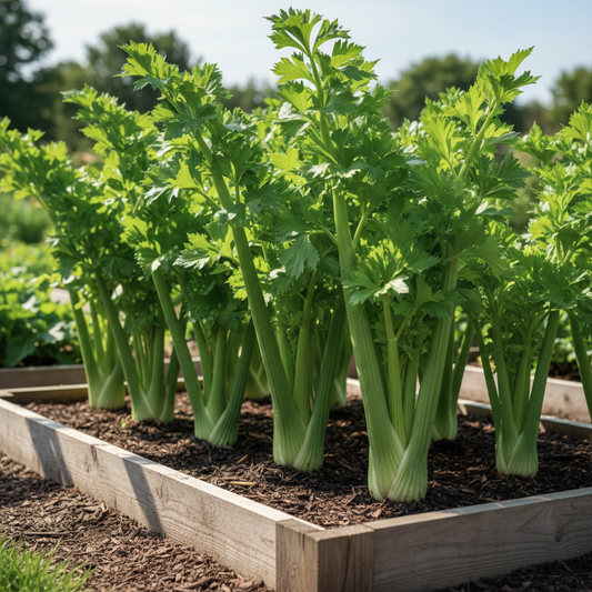 Upright tall green celery plants with thick ribbed stalks and leafy tops growing in a neat garden bed