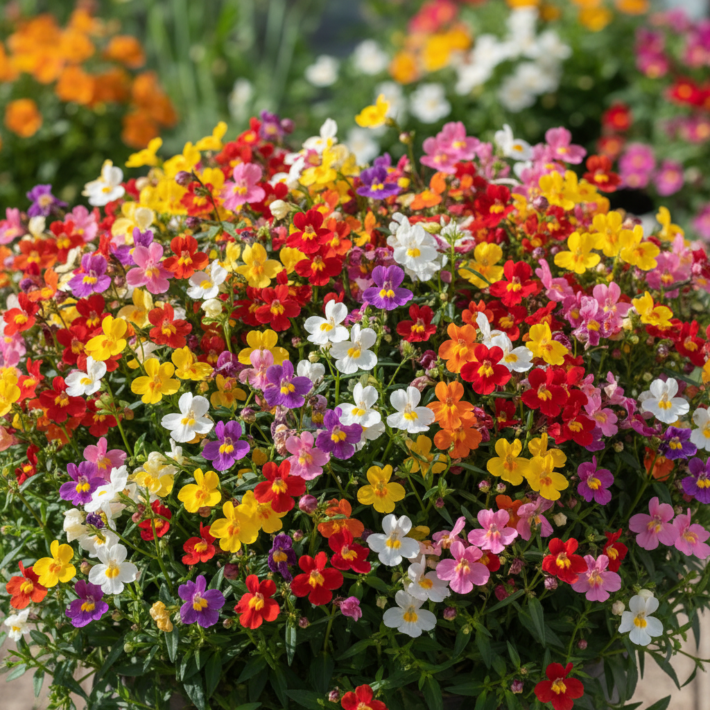Nemesia flowers in mixed colors - red, orange, yellow, pink, white and purple orchid-like blooms close-up