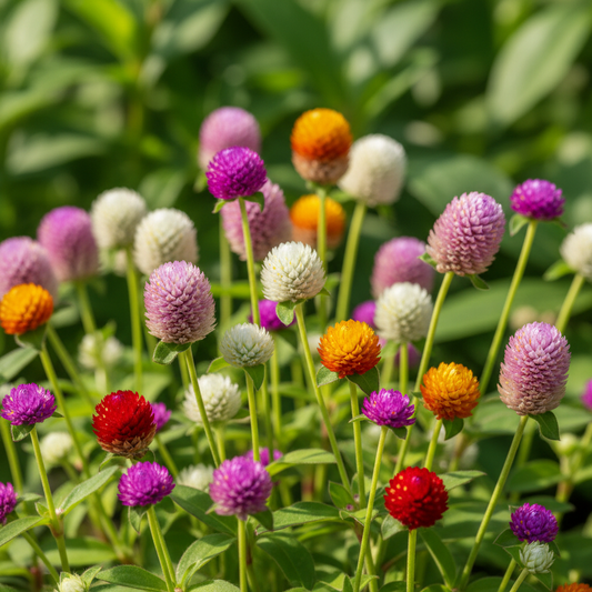 Gomphrena Globe Amaranth mixed color blooms in pink, purple, red, white and orange close-up