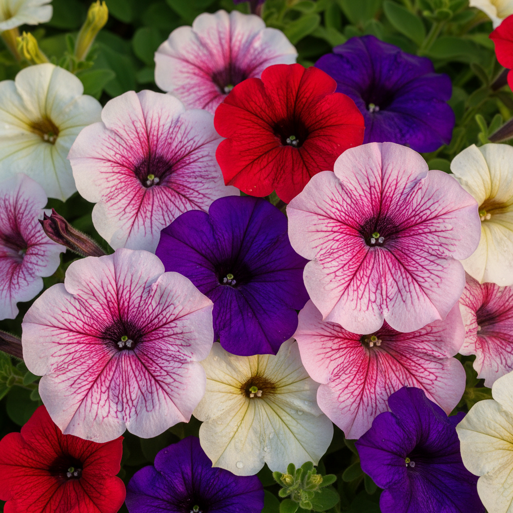 Petunia Grandiflora Mixed Color Large Trumpet Flowers Close-up