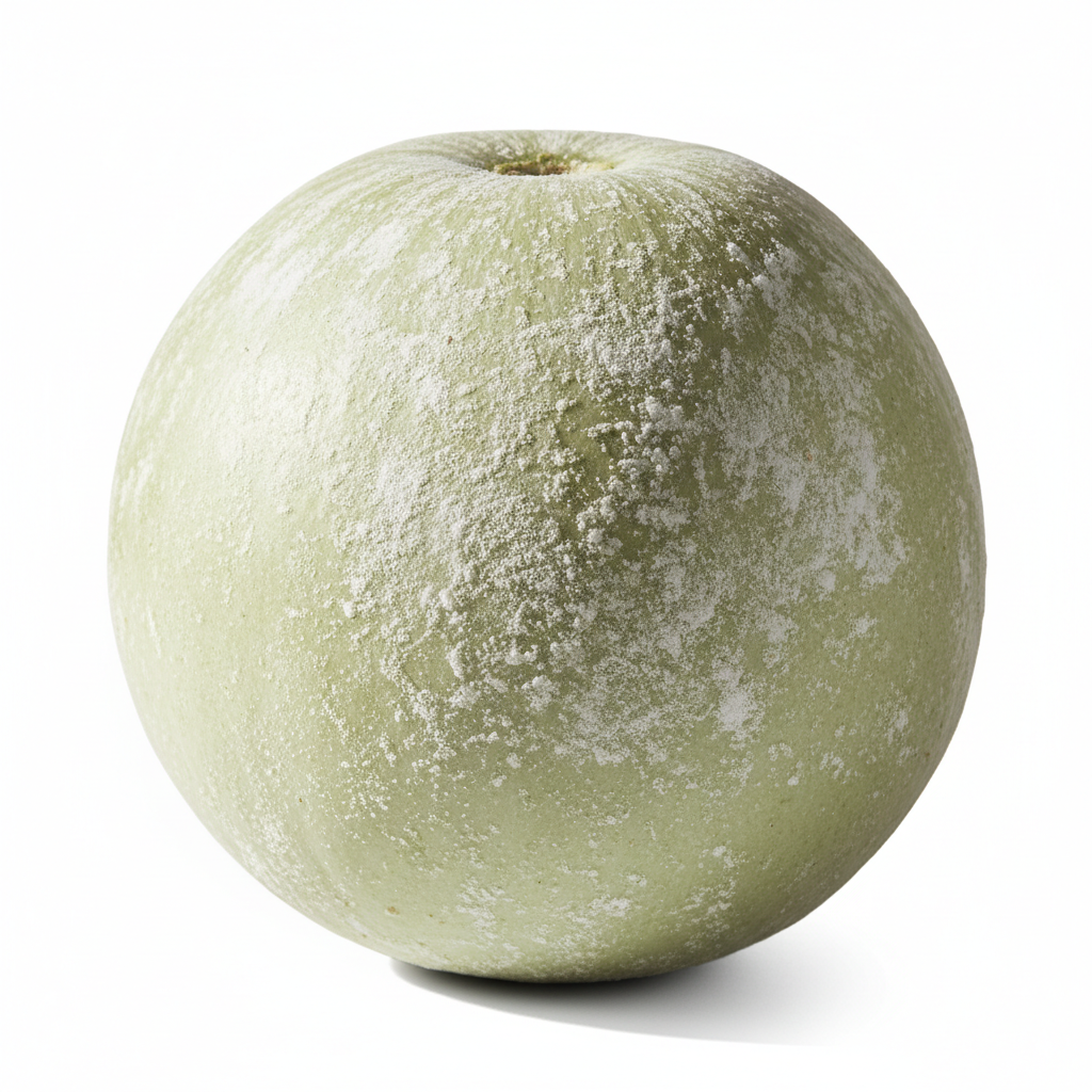 Large round pale green ash gourd petha fruit with white powdery waxy coating, fresh and organic