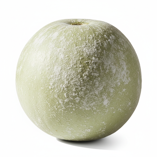 Large round pale green ash gourd petha fruit with white powdery waxy coating, fresh and organic