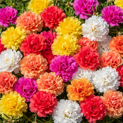 Portulaca Rainbow Hybrid Moss Rose large double blooms in vivid red, hot pink, coral, orange and yellow close-up