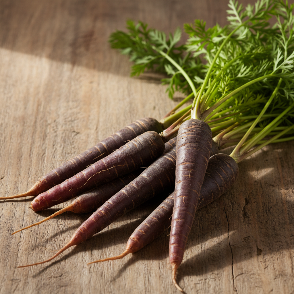Deep purple almost black Kali Gajar carrots with green feathery tops on rustic wooden surface