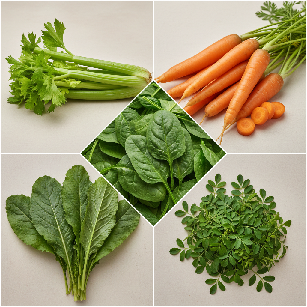 Collage grid of all 5 winter vegetables — celery, carrot, spinach, mustard and fenugreek combo pack