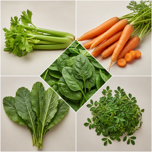 Collage grid of all 5 winter vegetables — celery, carrot, spinach, mustard and fenugreek combo pack