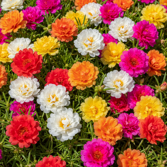 Portulaca Moss Rose mixed color silky blooms in red, pink, orange, yellow and white close-up