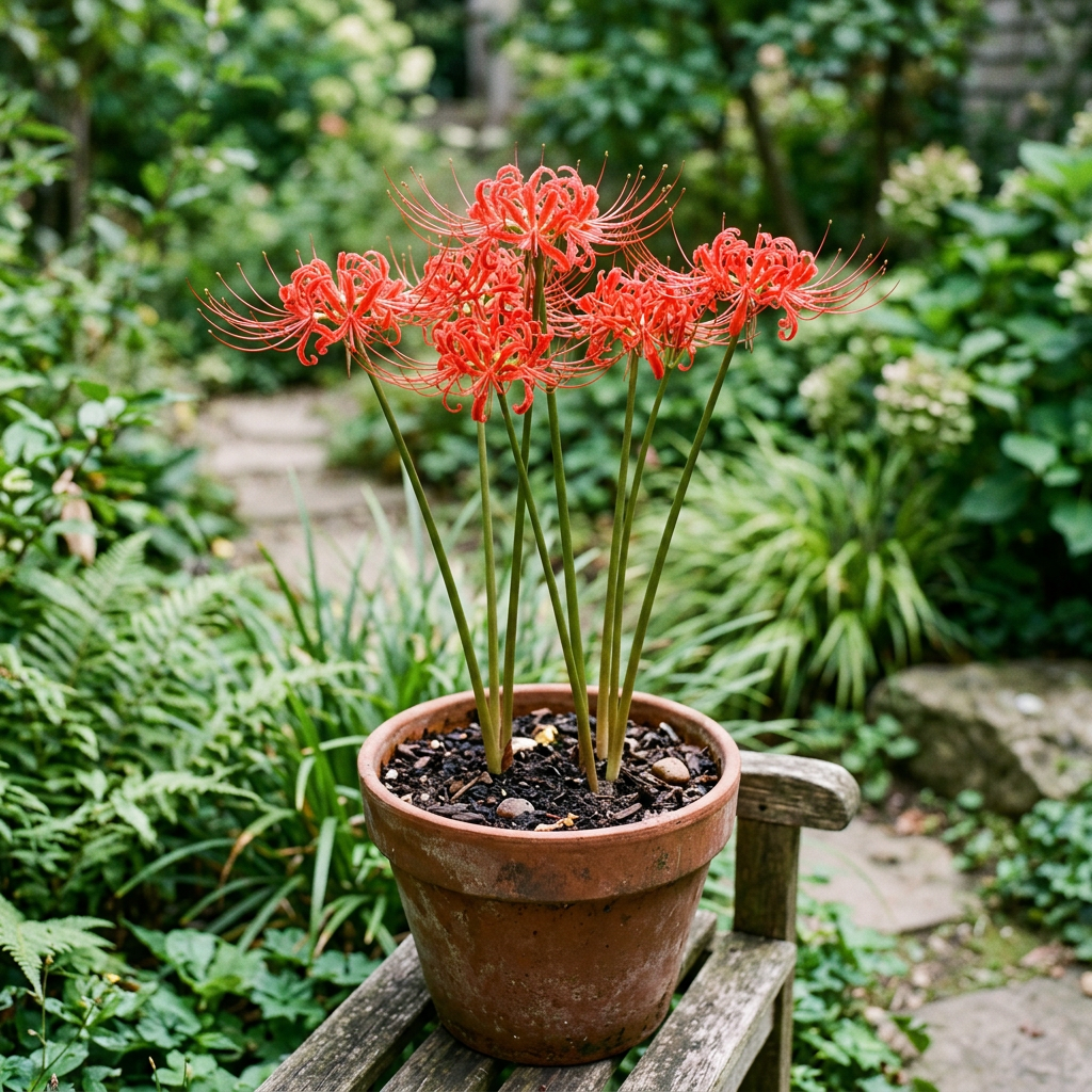AI-generated illustration of red Lycoris flowers growing in a terracotta pot; mature plant shown for reference.