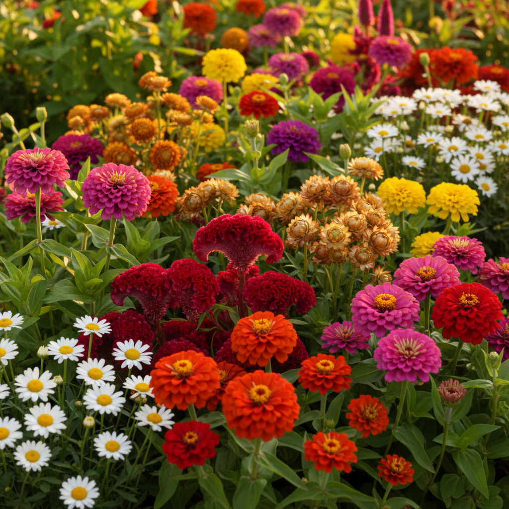 Attractive garden with Zinnia, Cockscomb, Helichrysum, Zinnia Mix and Daisy flowers in full bloom