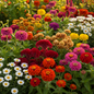 Attractive garden with Zinnia, Cockscomb, Helichrysum, Zinnia Mix and Daisy flowers in full bloom